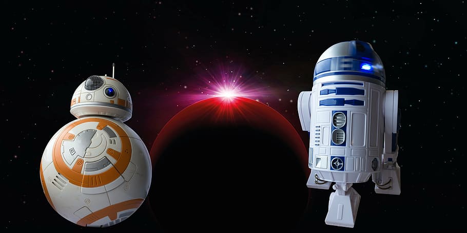BB-8 and R2-D2 wallpaper, bb8-droid, r2d2, robot, cosmos, space, HD wallpaper