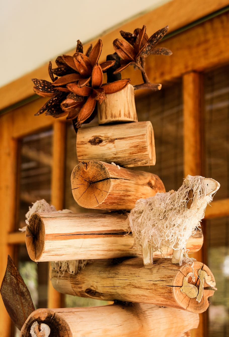 sheep, art, log, stacked, wood - material, focus on foreground HD wallpaper