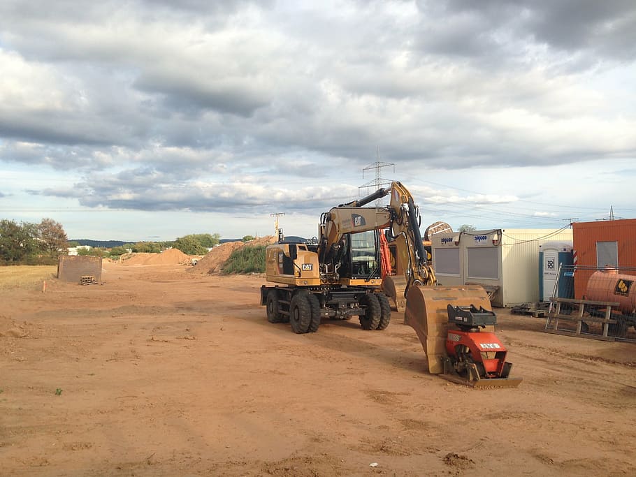 site, bauwagen, sand, work, construction work, clouds, excavators HD wallpaper