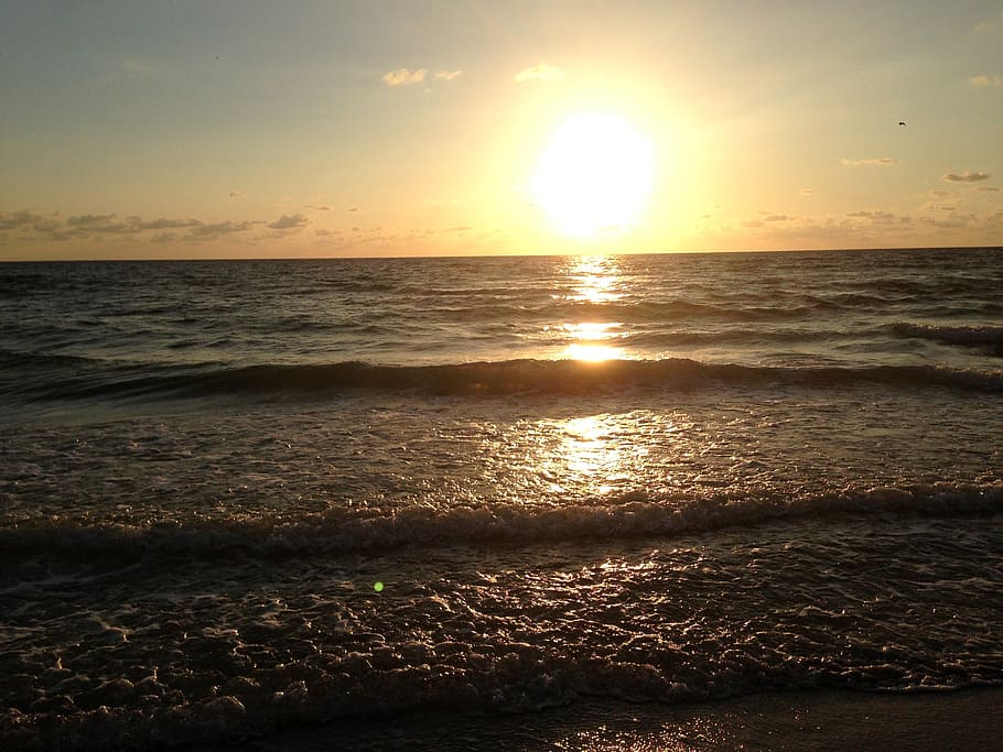 sunset, waves, water, nature, summer, sky, coast, vacation HD wallpaper
