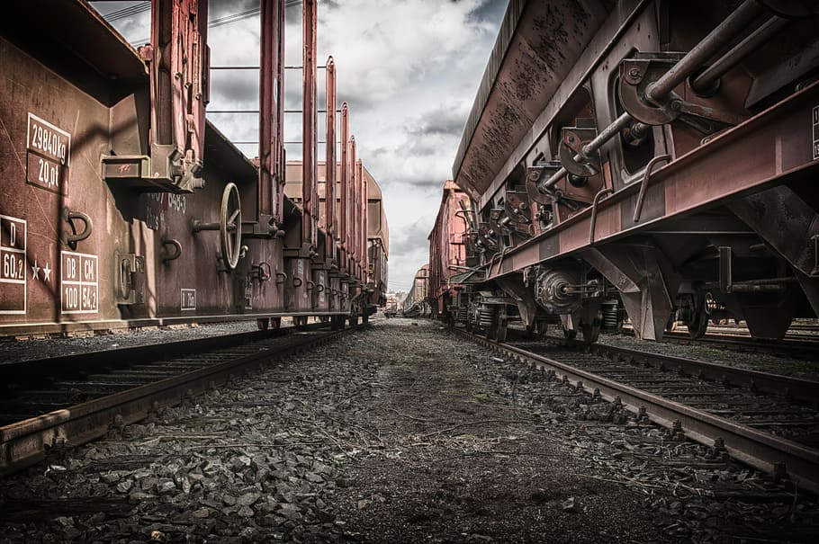 railway under the cloudy sky, wagon, train, goods wagon, transport HD wallpaper