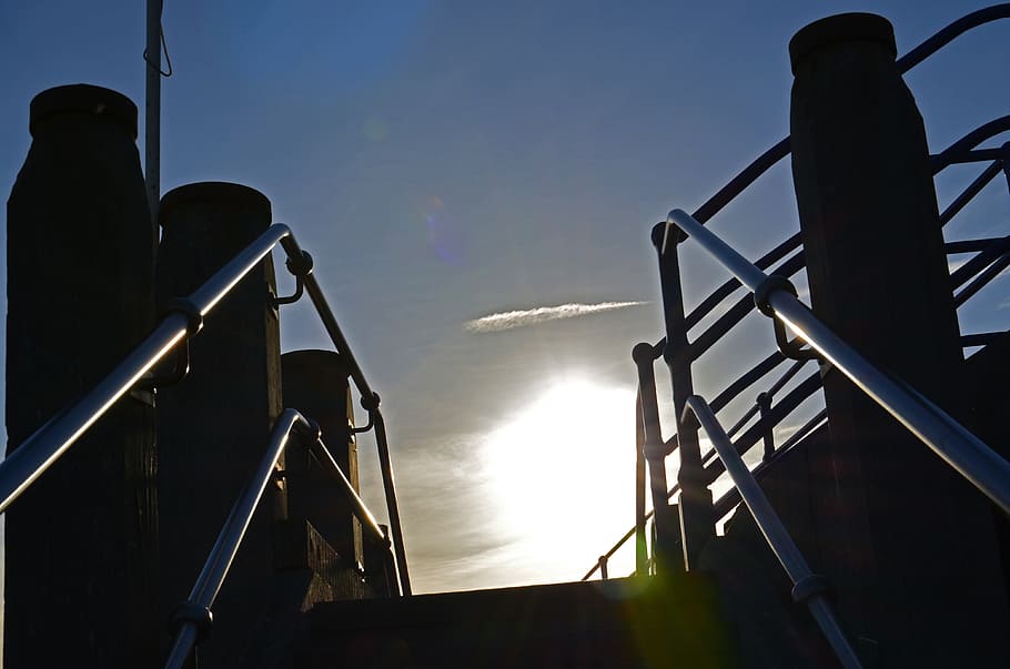 Steps, Sunlight, Rails, Shade, sky, blue sky, sun and shade HD wallpaper