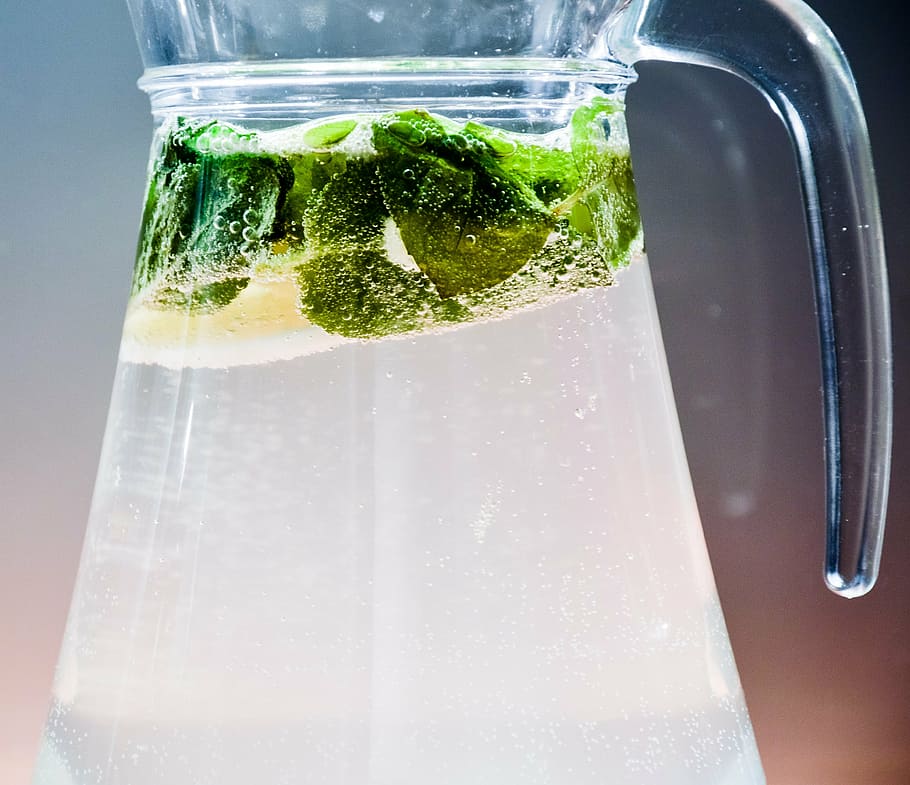 clear glass pitcher filled with white liquid, lemonade, lime HD wallpaper