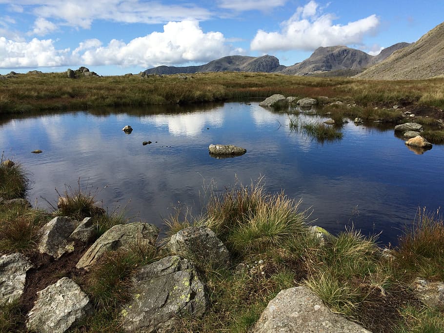 mountain, tarn, landscape, hill, outdoor, lake, mountains, stones HD wallpaper