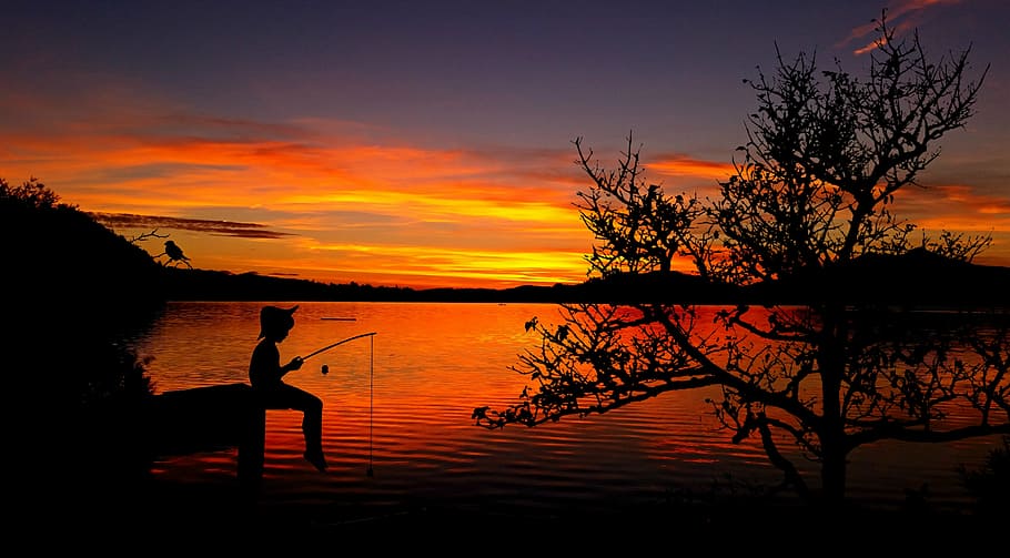 silhouette of boy fishing on dock, child, lake, waters, fishing pond