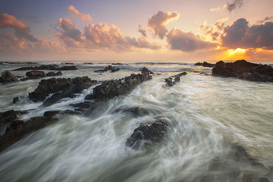 Pink Cloudy Sunset over Rocky Ocean, clouds, landscape, long exposure HD wallpaper