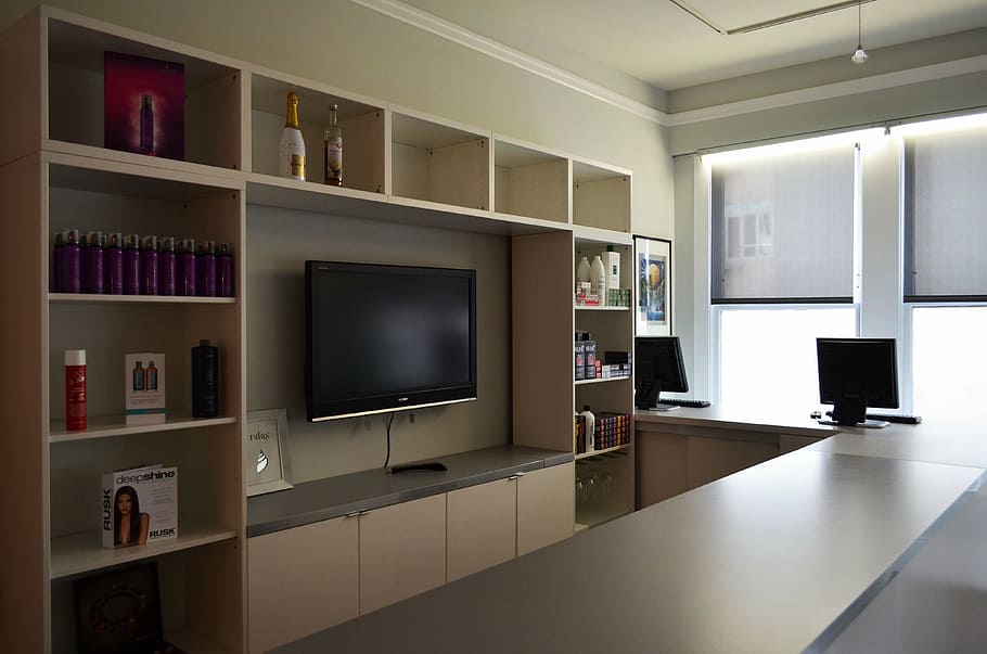 wall mounted black flat screen TV near shelves, interior, window HD wallpaper