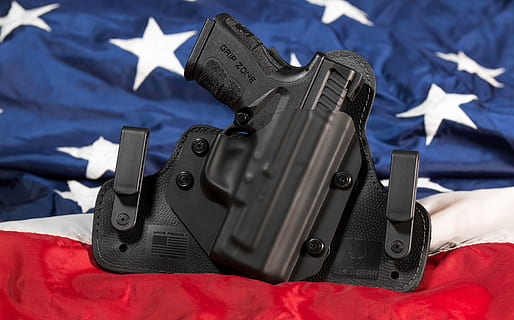 black semi-automatic pistol with holster, gun, usa, second amendment HD wallpaper