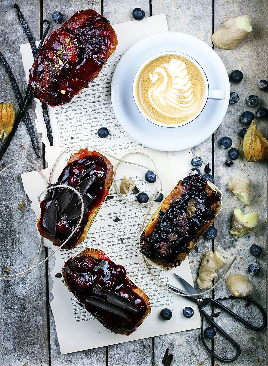 pastries on book page, art, coffee, cup, desserts, food, mug HD wallpaper