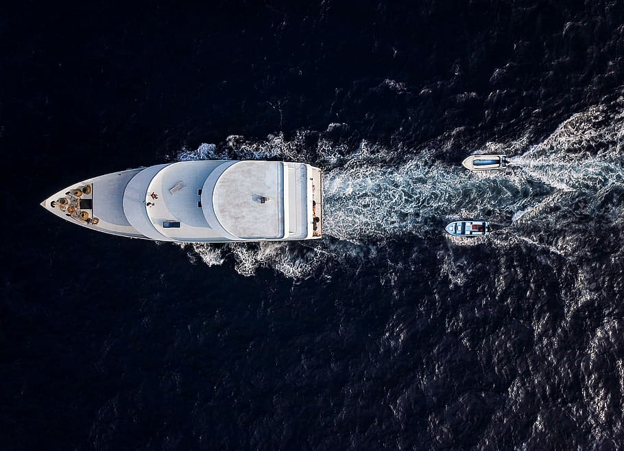 aerial photo of white yacht, birds eye photography of two boat following white yacht, HD wallpaper