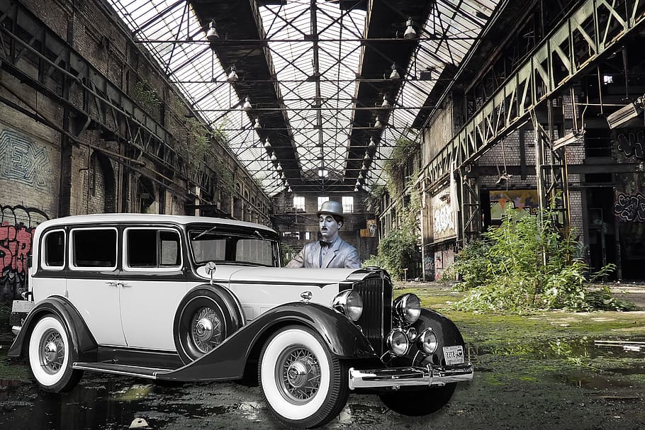 oldtimer, charlie chaplin, hall, factory, lapsed, old factory