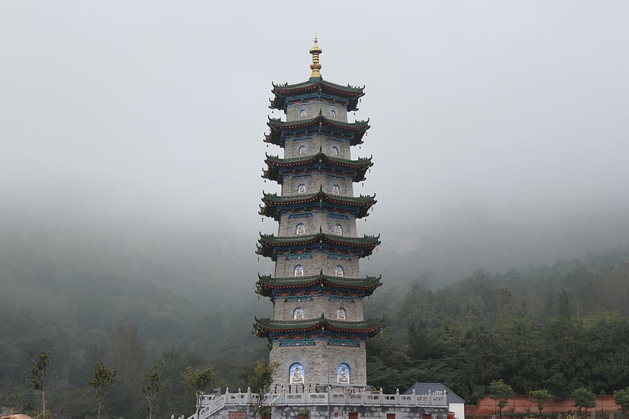 tower, building, fog, architecture, religion, built structure HD wallpaper