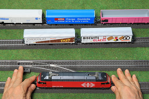 hands, art, industry, train, cargo containers, engineering, miniature toy HD wallpaper