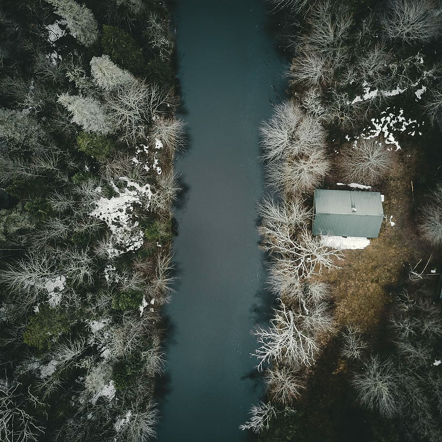 bird's eye view photo of gray house near river, aerial photo of house beside river, HD wallpaper