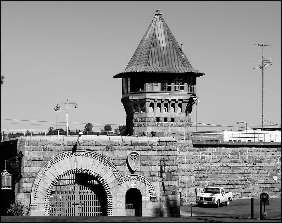 Prison, Gate, Building, Architecture, black white, black and white HD wallpaper