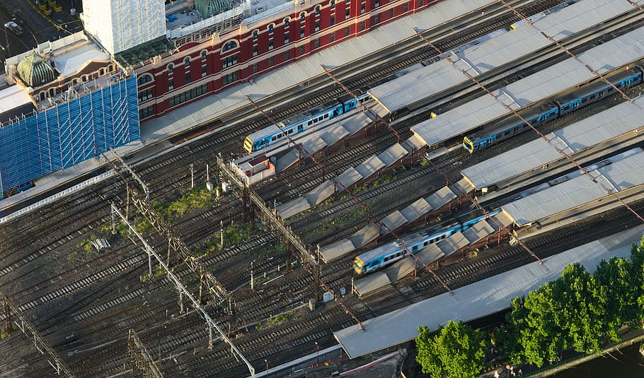 aerial photography of white trains, aerial photography of trains HD wallpaper