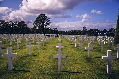 Graveyard with crosses as grave markers, clouds, photos, graves HD wallpaper