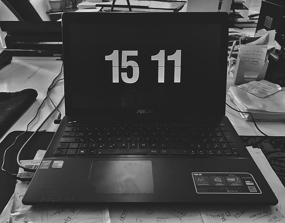 Black Asus Laptop, black and white, close-up, design, desk, display
