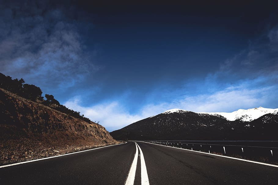 empty road leading to snow covered mountain, path, highland HD wallpaper