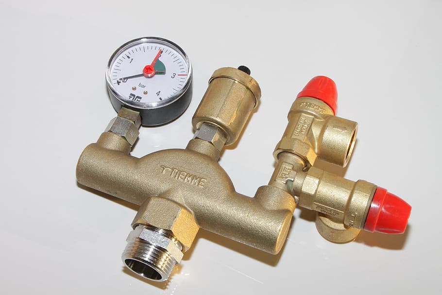 white gauge with gold pipe and valve, air vent, boiler, brass HD wallpaper