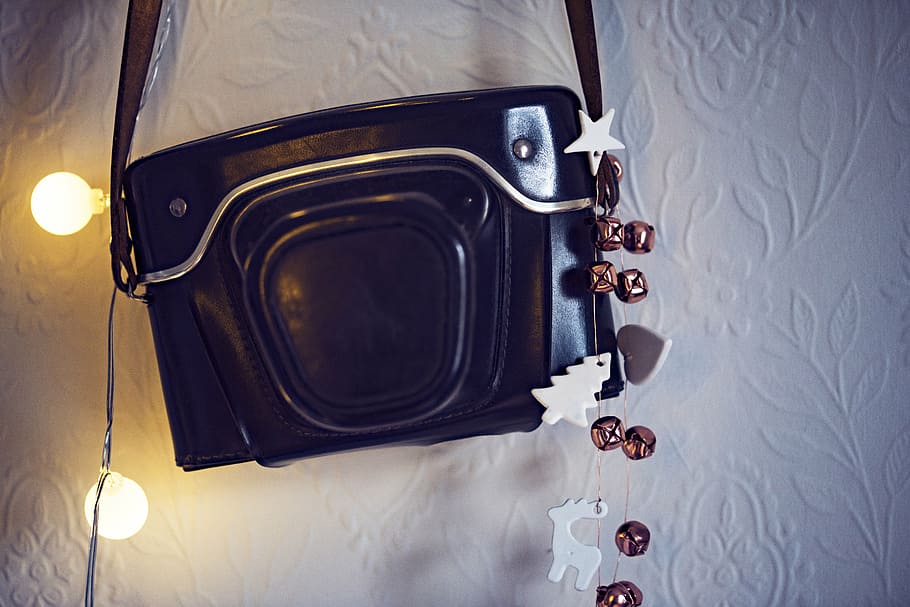 camera case, camera strap, decoration, lights, wall, indoors HD wallpaper