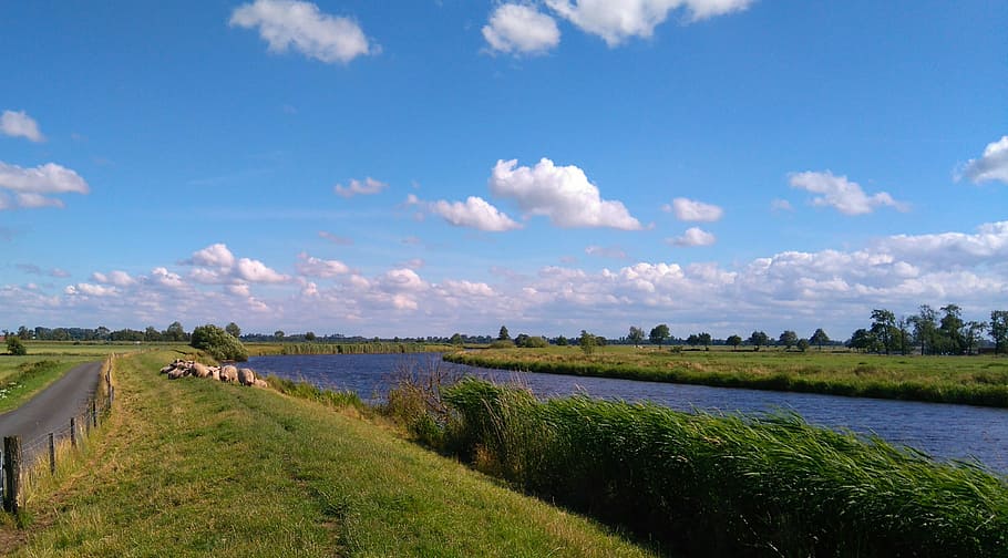 HD wallpaper: East Frisia, Dike, Landscape, wide, clouds, river, summer ...