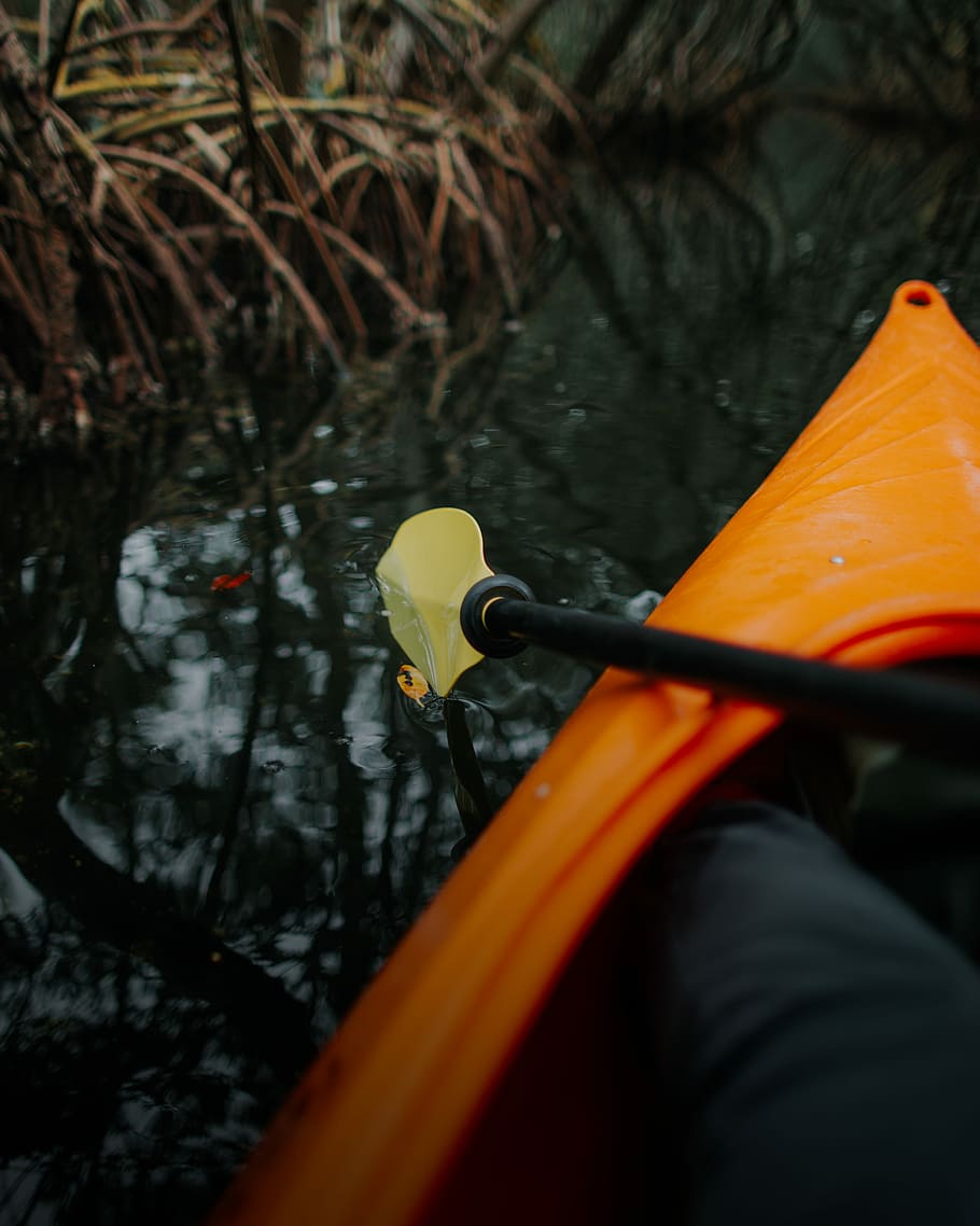 person riding orange kayak, person rowing on boat, oar, canoe HD wallpaper