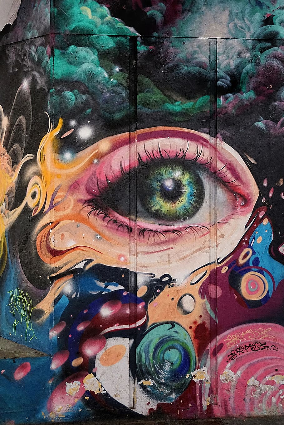 multicolored abstract painting, eye, graffiti, street, wall, art, HD wallpaper