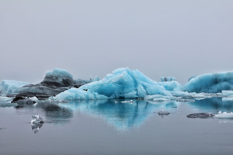 icebergs on body of water, ice and rock reflecting on calm water HD wallpaper