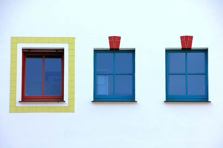 red and two blue sash windows, Home, Colorful, Frame, architecture HD wallpaper