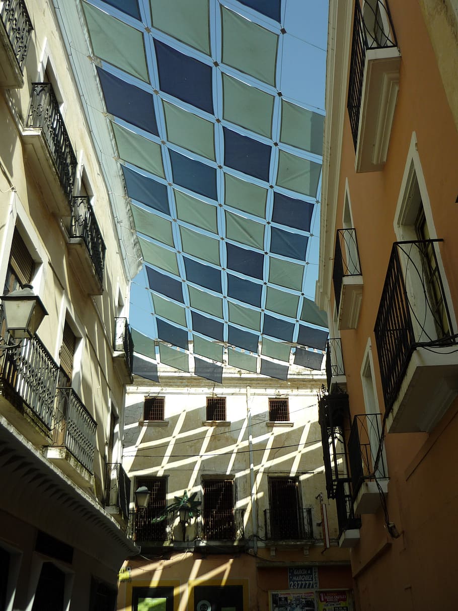awning, shadow, diamonds, geometry, cover, tarps, fabrics, blue HD wallpaper