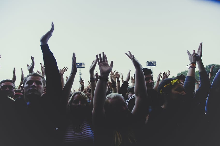 crowd of people raising arms, group, hands, daytime, party HD wallpaper