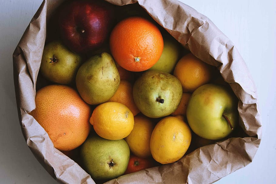 bag of fruits, assorted-variety of fruits, sack, paper bag, lemon HD wallpaper