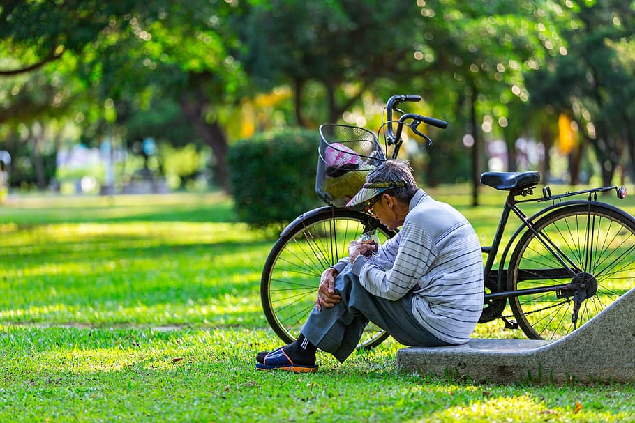 man sitting beside commuter bicycle near trees, grass, summer HD wallpaper