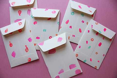 six white-and-multicolor envelopes on pink surface, Paint, Crafts HD wallpaper