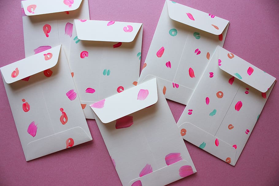 six white-and-multicolor envelopes on pink surface, Paint, Crafts HD wallpaper