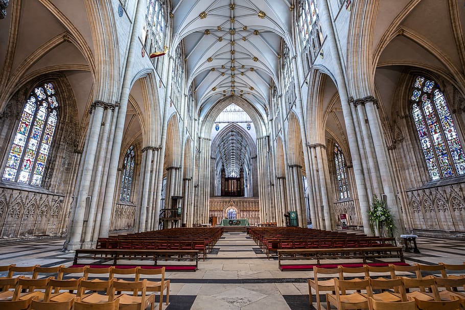 architectural photography of church with pew chairs, white and brown church interior architectural photography HD wallpaper