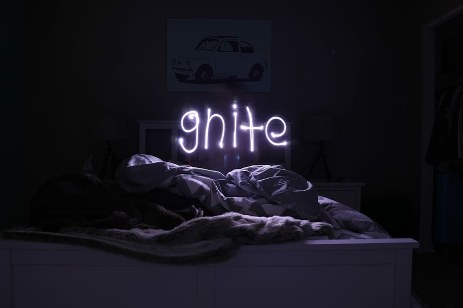 gnite neon sign, ghite light signage on bed, dark, night, sleep, HD wallpaper