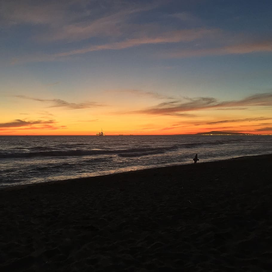 sunset, ocean, oil rig, surf, pacific, beach, summer, calm HD wallpaper