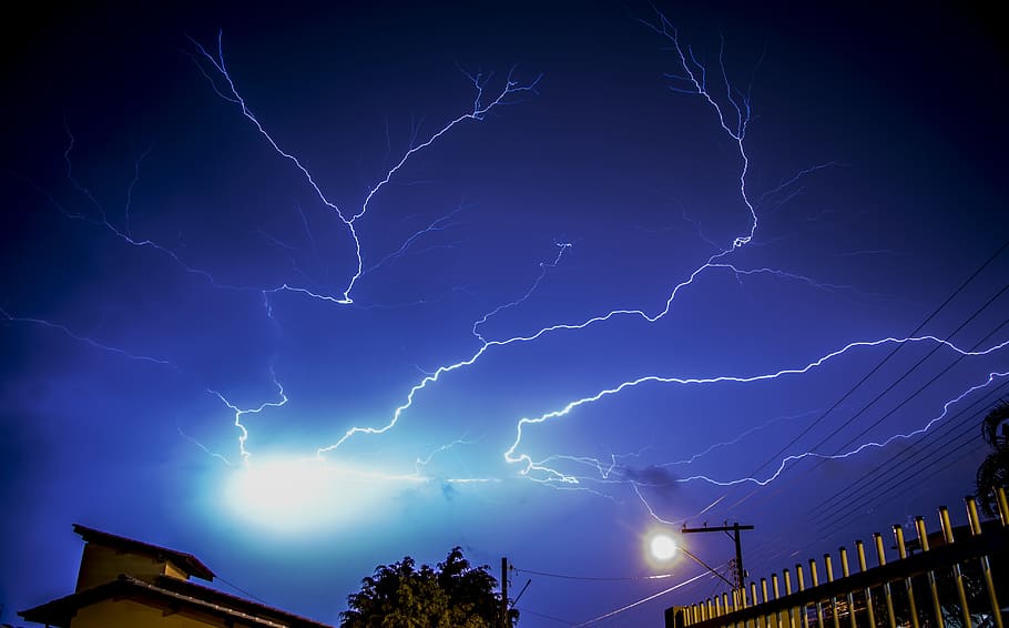lightning photography, sky, thunderstorm, rain, nature, blue HD wallpaper