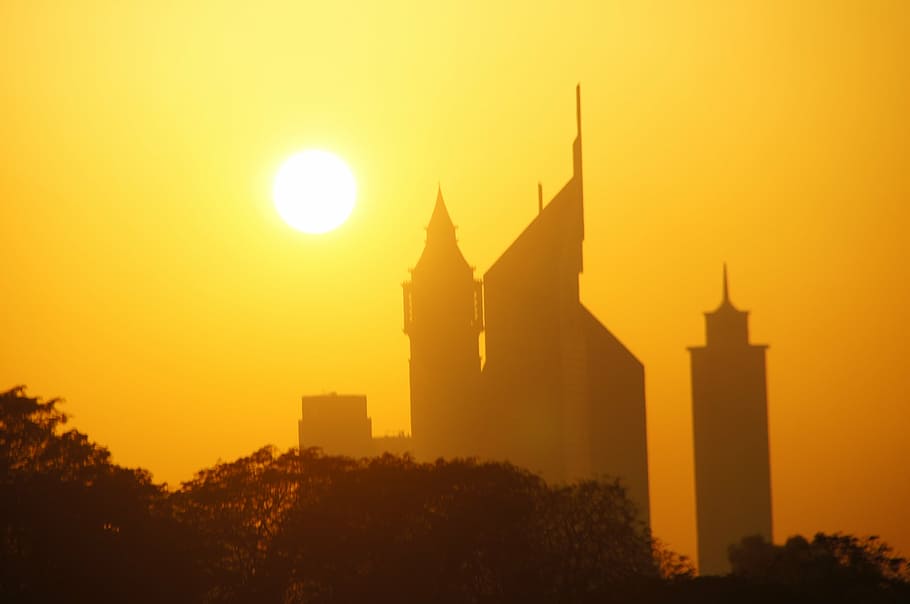 dubai, sunset, skyscraper, architecture, dusk, silhouette, building exterior HD wallpaper