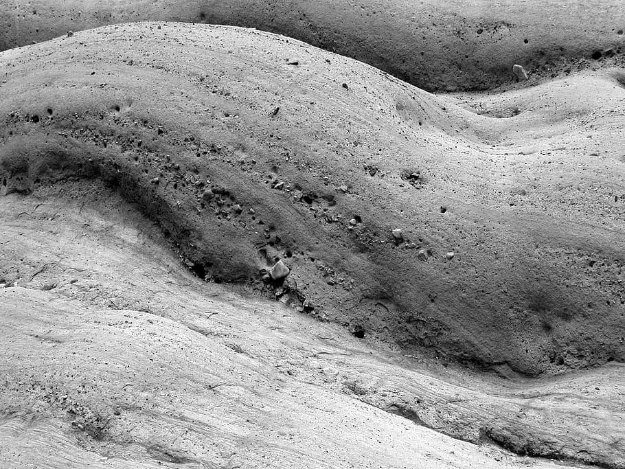 gray surface, gray wave soil, rock, stone, boulder, layers, black and white HD wallpaper