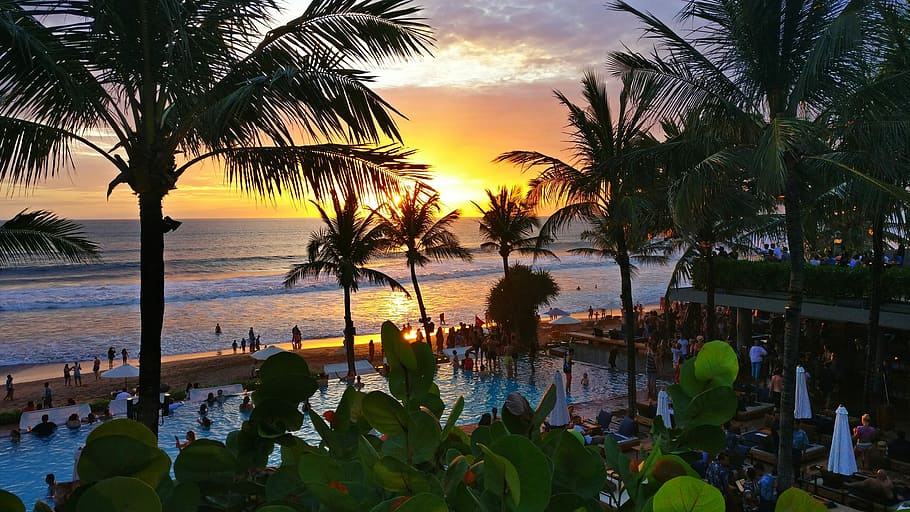 restaurant, bali, beach, sunset, pool, sea, water, tropical climate HD wallpaper