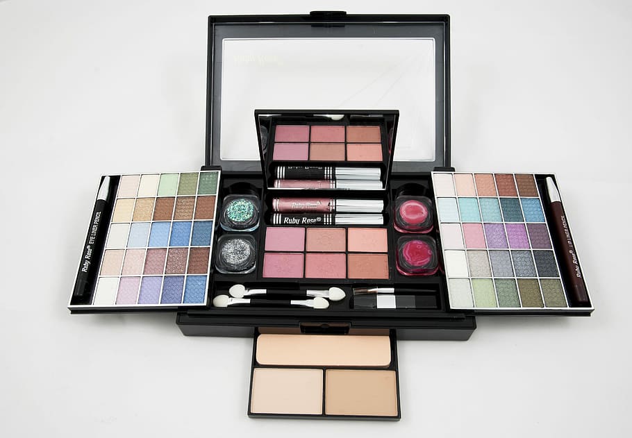 black makeup palette, eyeshadow, makeup kit, powder, rouge, woman, HD wallpaper