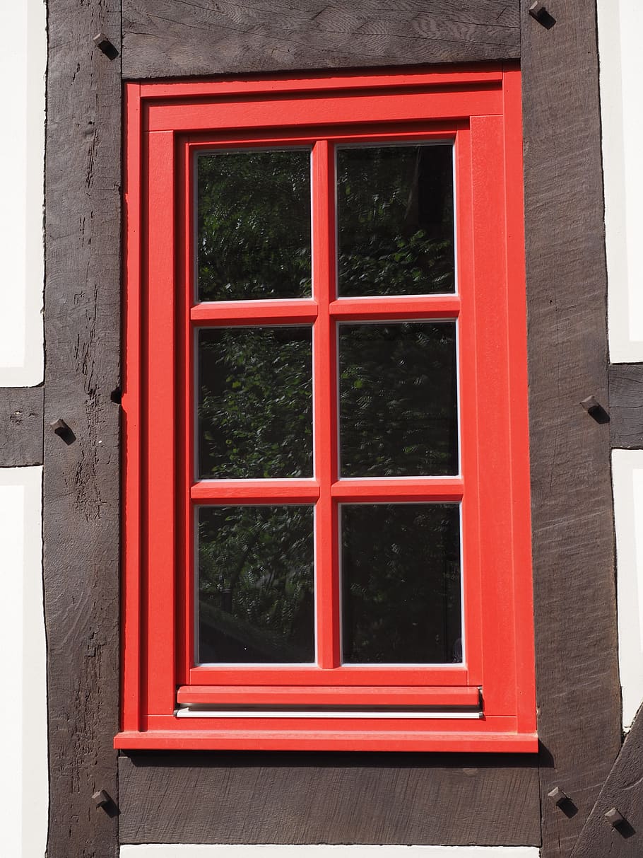 window, lattice window, glass, red, window frames, fachwerkhaus, HD wallpaper