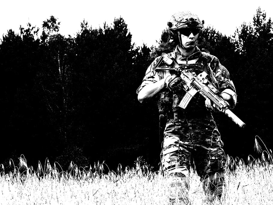 man walking on grass while holding rifle, asg, militaria, the military, HD wallpaper
