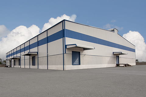 white and blue storage house, building, construction, sky, clouds HD wallpaper