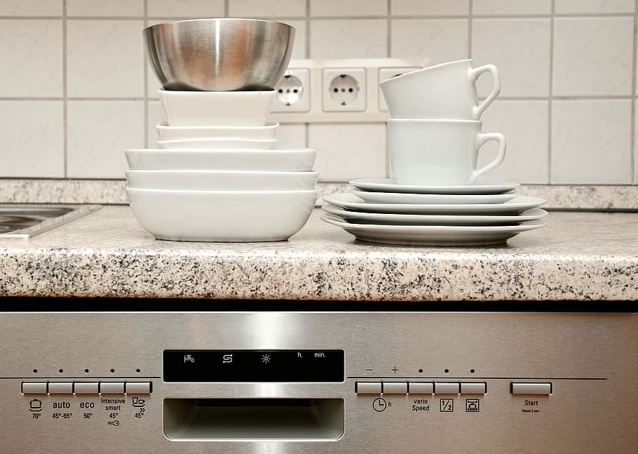 white ceramic plates, bowls, and cups on brown marble tile HD wallpaper