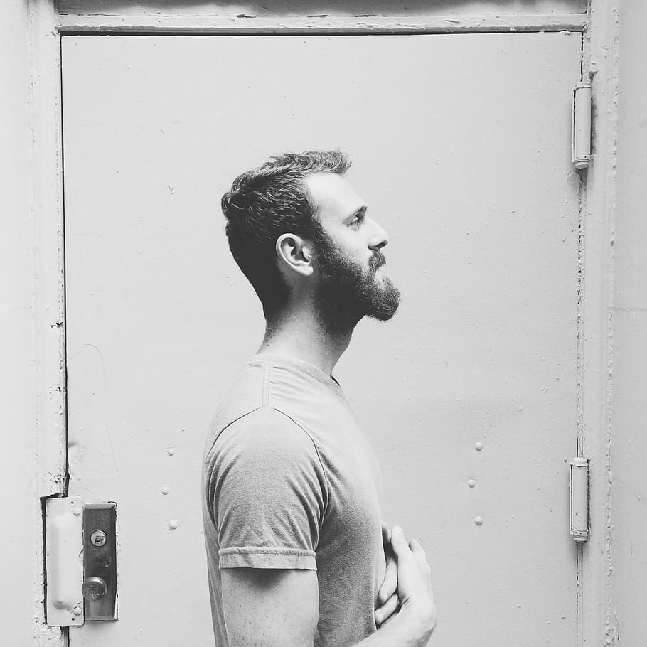 gray scale photo of man in shirt, person, male, beard, hipster, HD wallpaper