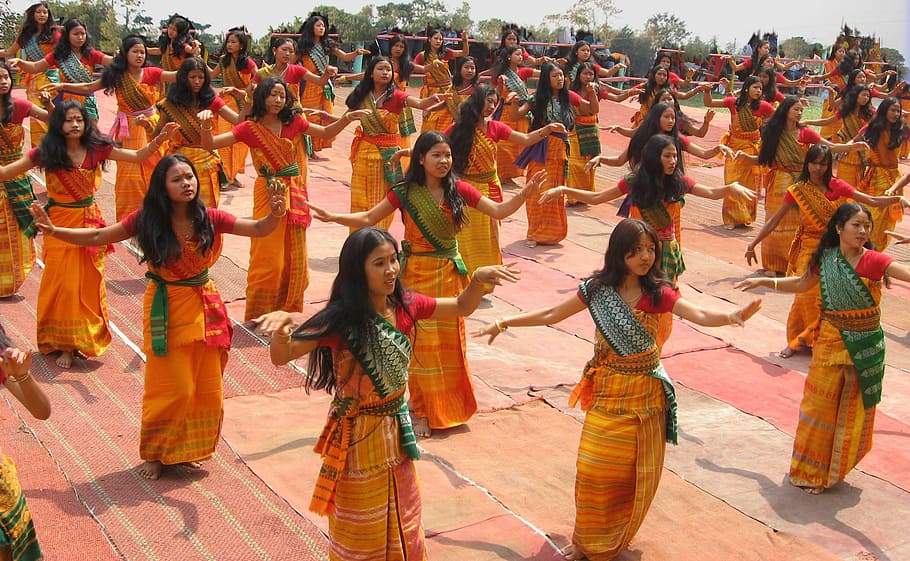 group of women dancing, bodoland, india, girls, ceremonial, dance